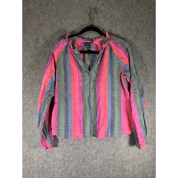 GAP Top Women XS Pink Striped Long Sleeve Peasant Gauze Summer Vacation RElax - Picture 1 of 6